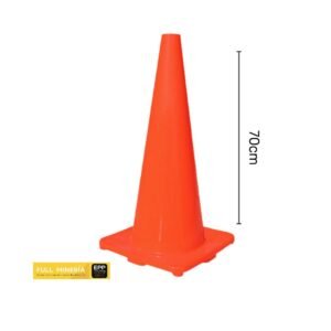 Cono de señalización vial liviano de 70 cm con base naranja sin cinta. Alta visibilidad, durabilidad y estabilidad. Ideal para obras, eventos y control de tráfico.